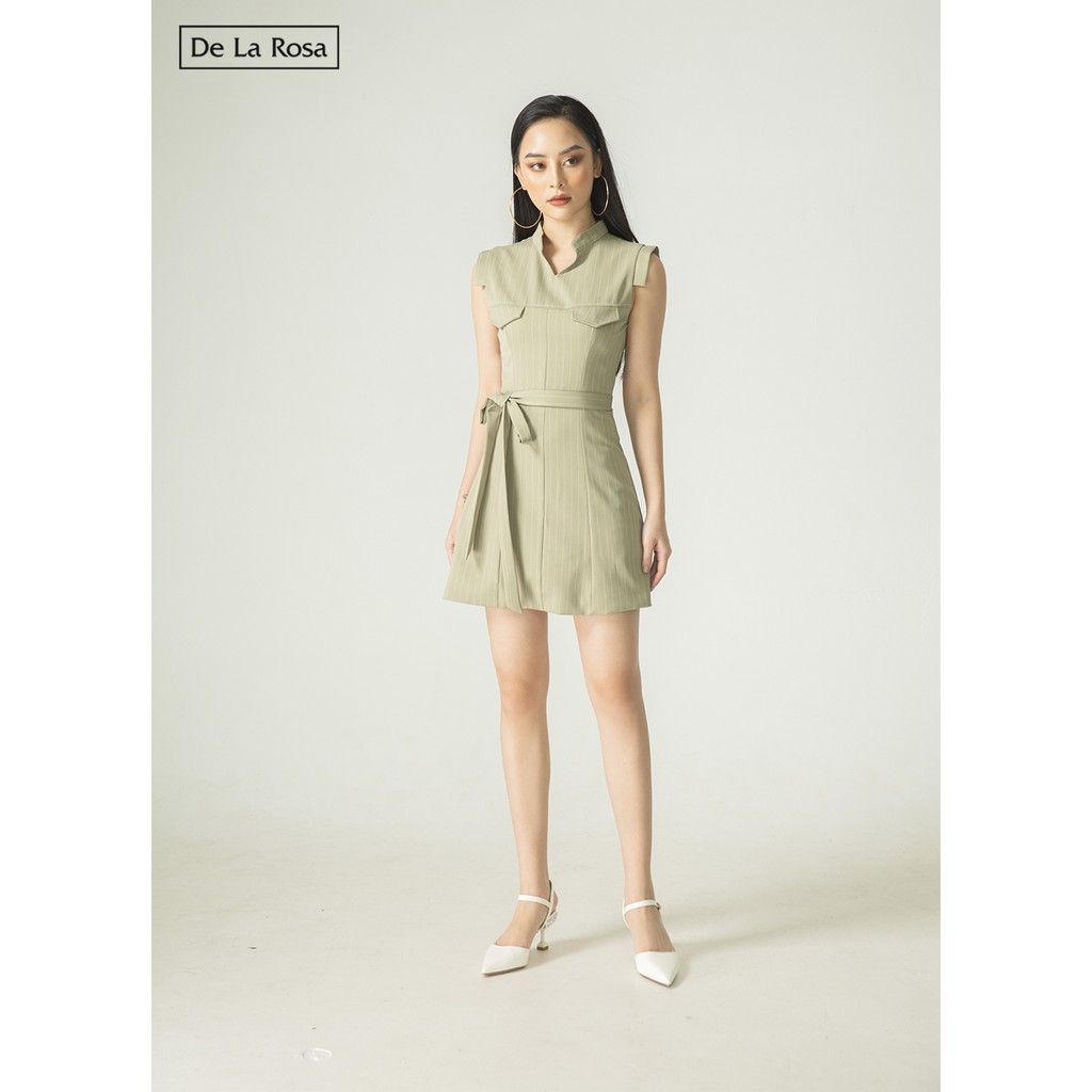 Đầm váy sọc xanh trắng thiết kế cổ trụ đai lưng công sở dự tiệc - De La Rosa | BigBuy360 - bigbuy360.vn