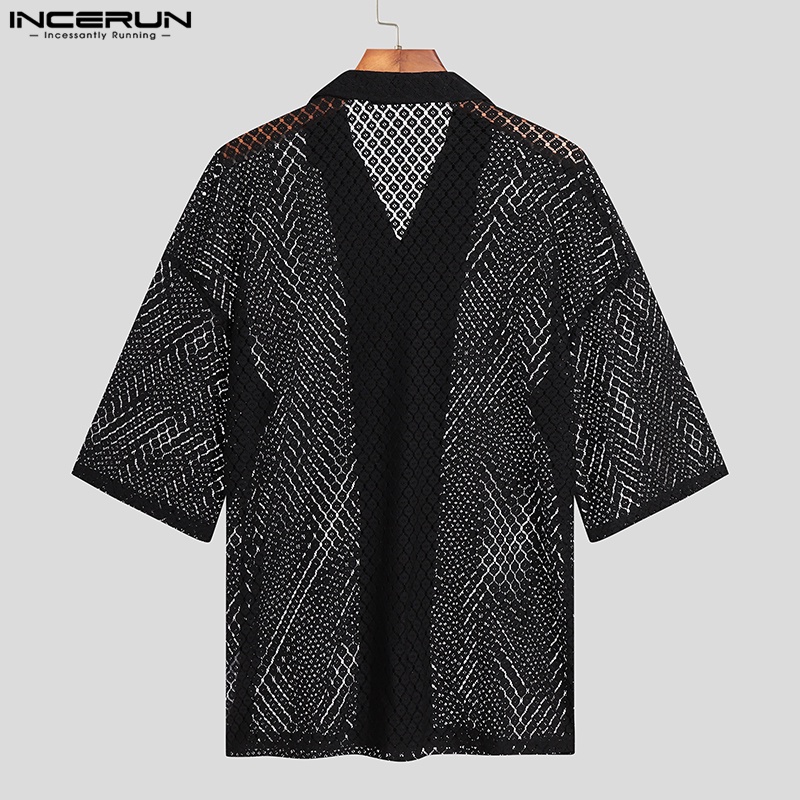 Áo sơ mi Incerun tay ngắn dáng rộng xuyên thấu cài nút kiểu Nhật Bản cá tính cho nam