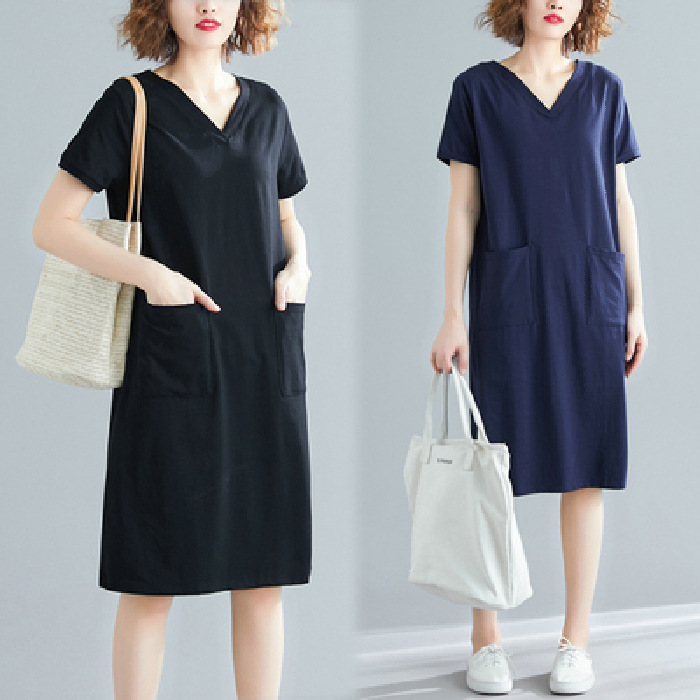 2021 Plus Size Short Sleeve Loose Dress for Woman Summer Korean Style Mid Length Big Pockets T-shirt Dress Female Solid V-neck A Line Dress | BigBuy360 - bigbuy360.vn