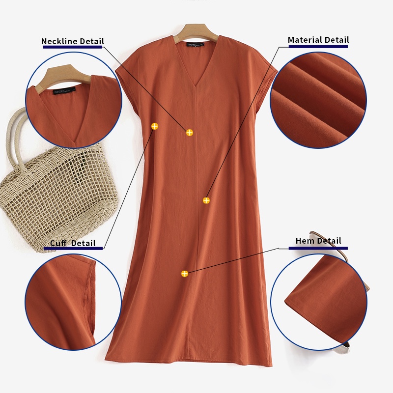 Đầm midi ZANZEA vải cotton màu trơn cổ chữ V thời trang cho nữ