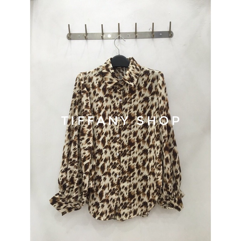 Sơmi voan dài tay hoạ tiết báo cổ bẻ