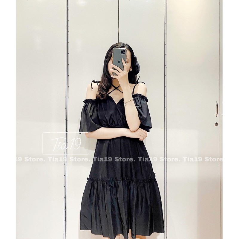Váy hai dây đen tay trễ . Đầm hai dây trễ vai ulzzang ( Ảnh thật Tia19 chụp) | BigBuy360 - bigbuy360.vn