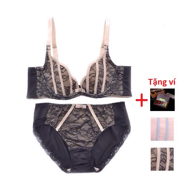 Áo lót pha ren nâng đẩy ngực tạo khe gọng mềm và quần lót ren xuyên thấu sexy hàng cao cấp (TẶNG KÈM VÍ NỮ CẦM TAY)