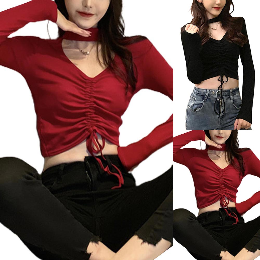 Áo nữ tay dài vải cotton mềm mại phối dây rút phong cách Hàn Quốc gợi cảm