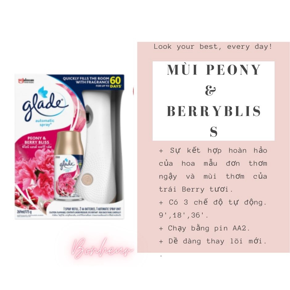 Máy xịt thơm phòng tự động GLADE, hương thơm dịu nhẹ, thay lõi 269ml