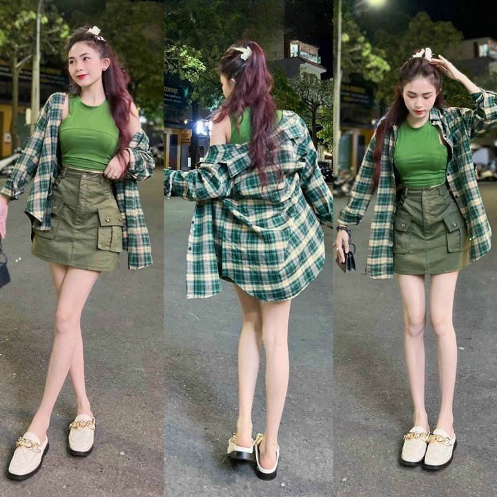 Sét váy 3 món kèm áo khoác sơ mi caro đi chơi, dự tiệc Linhnastore