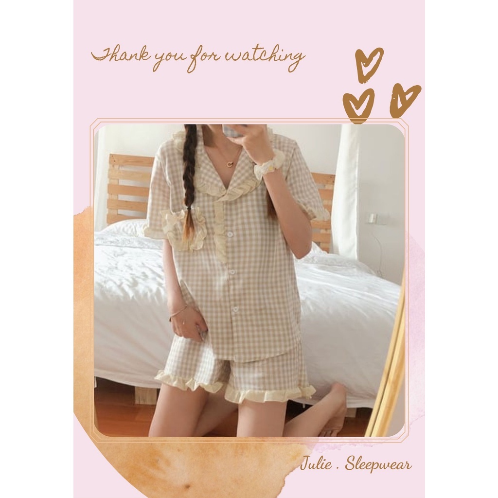 ĐỒ NGỦ PIJAMA caro Hàn Quốc cộc tay bèo nhún ullzang