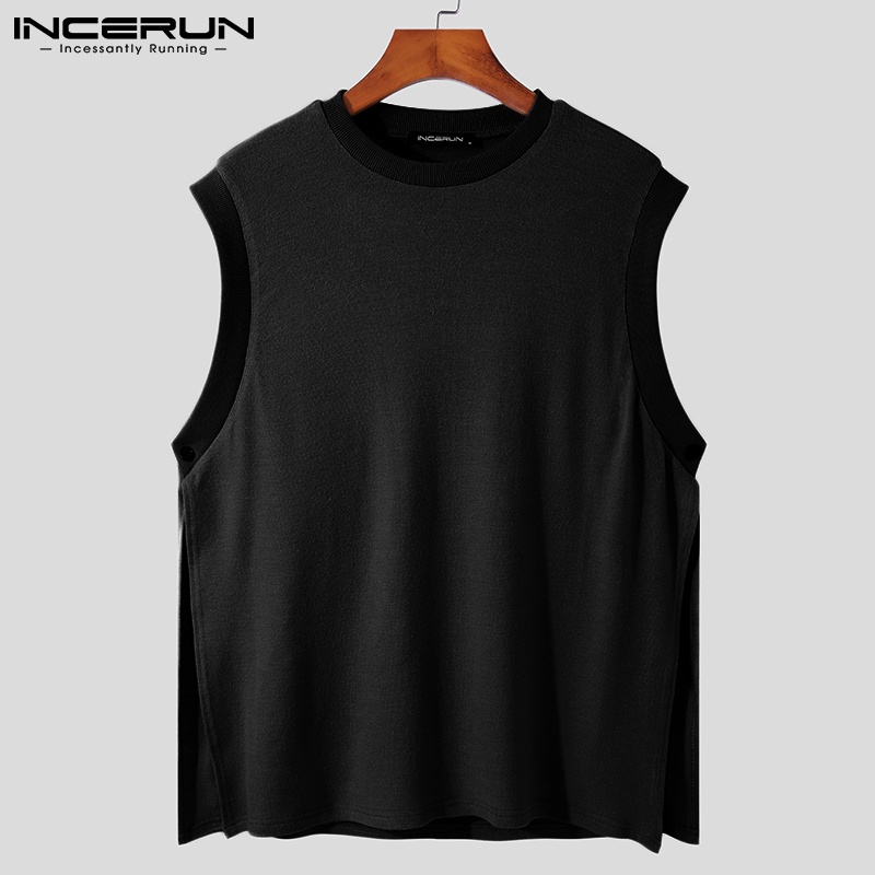 Áo Sweater INCERUN cổ tròn không tay thời trang xuân thu xẻ tà hai bên thời trang dành cho nam