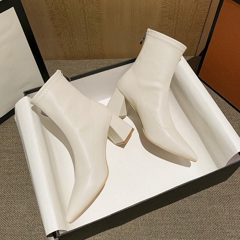 NEW Sale#Giày cao gót màu trắng ngắn của phụ nữ mũi nhọn mỏng bốt Martin mùa xuân và thu đơn . ! : : '