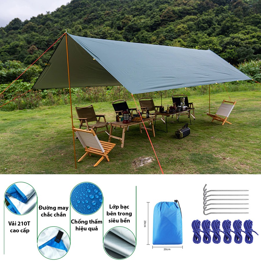 Tăng lều Camping tarp 3mx3m  tráng bạc chống UV dễ dàng tùy biến với 9 kiểu setup cực tiện cho chuyến đi dã ngoại