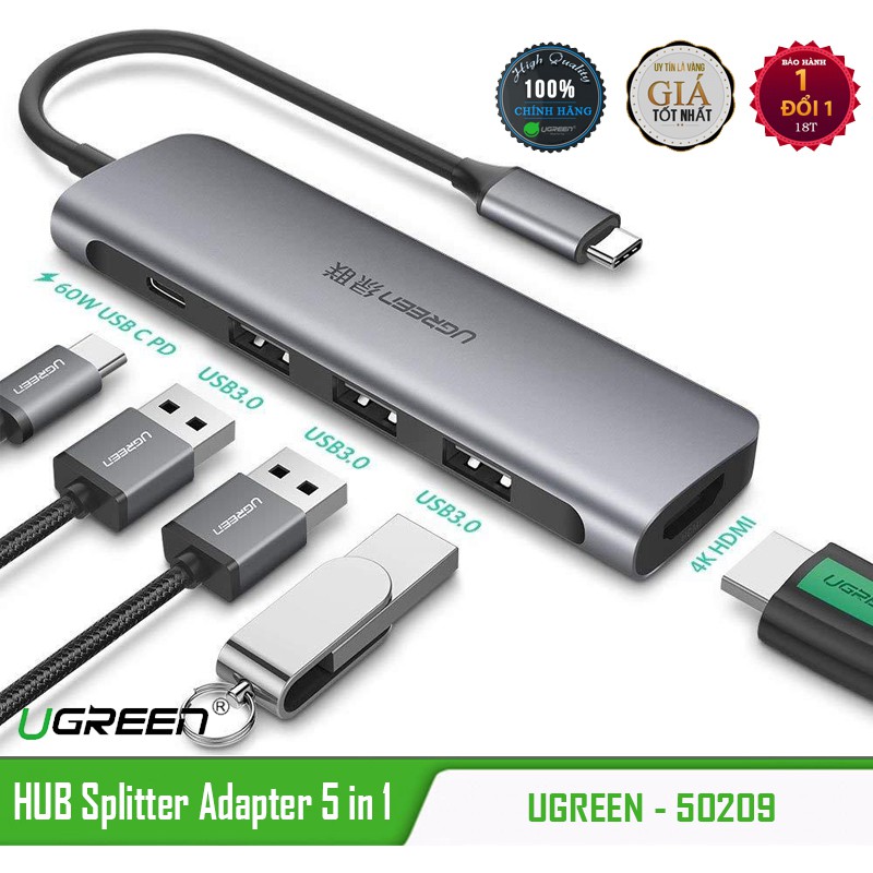 Hub USB Type-C ra HDMI + USB 3.0 + sạc Type-c cao cấp UGREEN 50209
