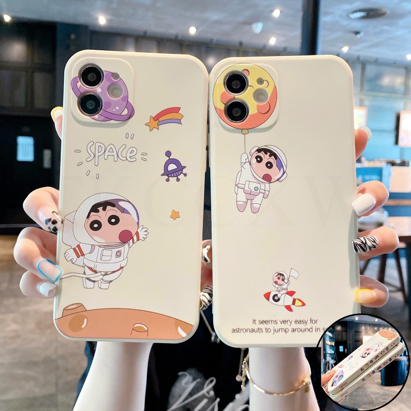 White Case For OPPO A31 A9 A5 2020 A92S A52 A72 A92 A91 A12e A83 A59 A59S A57 A39 AX5 A3S Phone Case Crayon Shin-Chan Soft-touch New Luxury Side Printing Square Liquid Silicone Soft Cover Shell