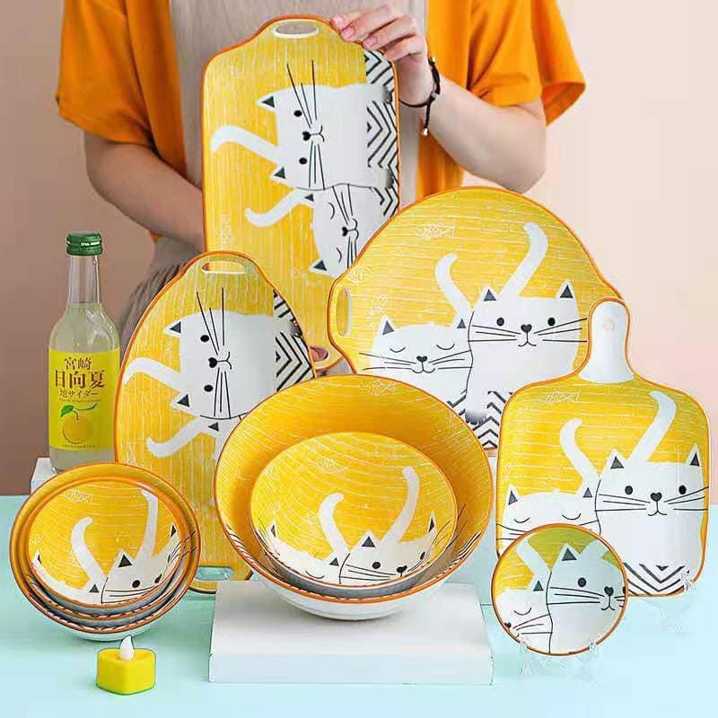 Bát đĩa mèo vàng chibi phong cách Nhật Bản - Gốm Bơ - BM01 | BigBuy360 - bigbuy360.vn