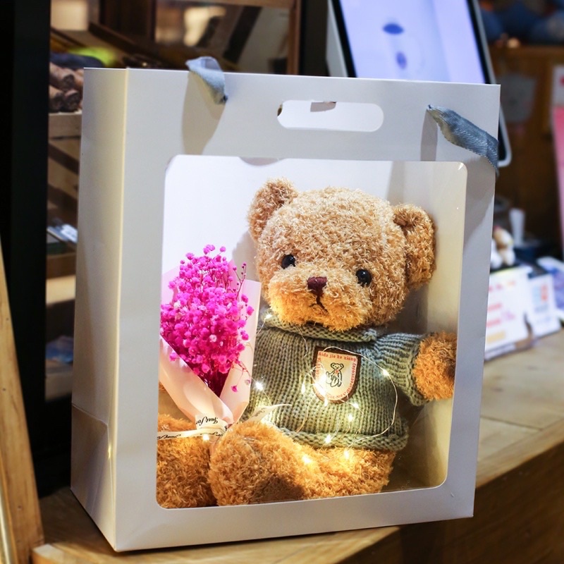 Gấu Bông Teddy Chỉ Mềm Mượt Cao Cấp kèm Túi Kiếng + Đèn Led Quà Tặng Ý Nghĩa Gấu Bông giá Rẻ