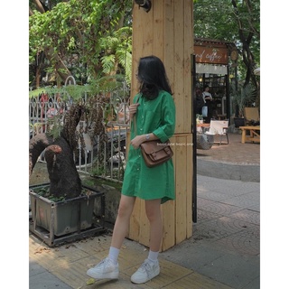 Váy sơ mi cổ đức oversize, váy sơ mi basic trên gối cổ đức Bazic one