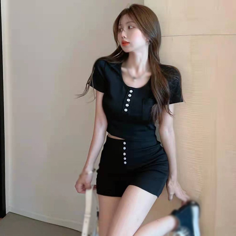 Set Áo Croptop Màu Sắc Đơn Giản + Quần Short Lưng Cao Phong Cách Hàn Quốc
