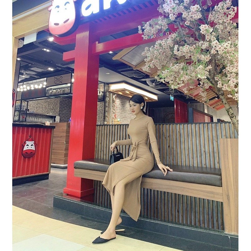 Váy len tăm body xẻ hông buộc nơ eo hở lưng