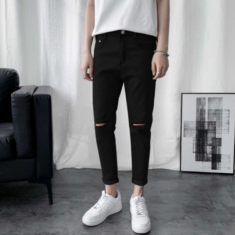 Quần Jeans Skinny,Mẫu quần jean nam đen [ Trơn &amp; Rách gối ] ống đứng tôn dáng - vải jeans bò co giãn 4 chiều cao cấp!