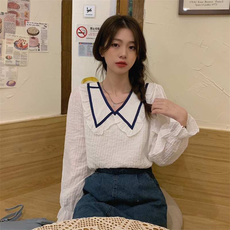 Áo kiểu IELGY tay dài dáng rộng màu sắc tương phản phong cách ngọt ngào dành cho nữ