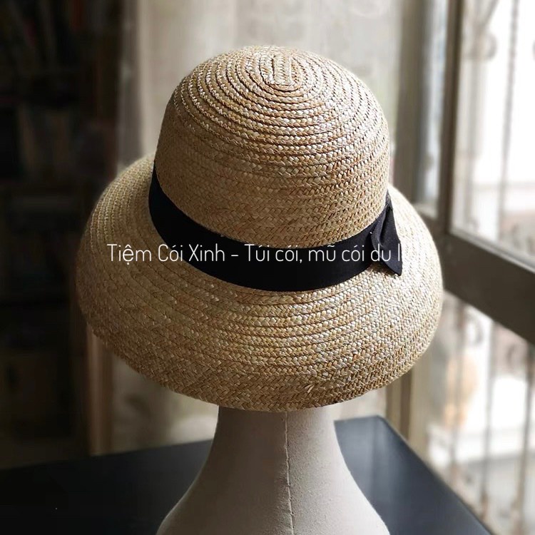 Mũ cói sợi lúa mì phom cứng, nón chuông nơ dễ thương