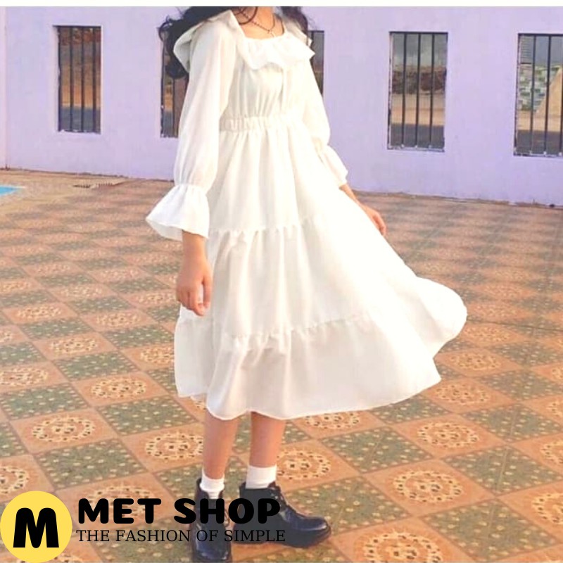 Váy trắng tinh khôi tiểu thư👗VÁY TẦNG👗Váy trễ vai tay bo dáng dài 2 lớp👗Đầm xòe Vintage. MET SHOP