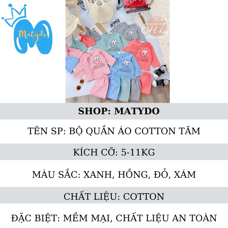 Quần áo thun gân mềm mại đồ bộ áo quần dài tay cho bé trai bé gái nằm điều hòa tặng kèm mũ củ tỏi SMILE