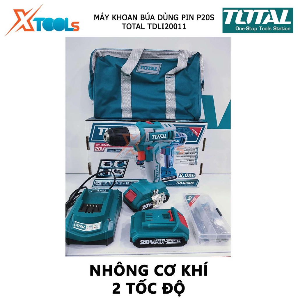 Máy khoan pin cầm tay 20V Total TDLI20011 hai tốc độ 400/1500v/p, siết 45nm, khả năng khoan 10mm, kèm theo 1 pin sạc, đầ