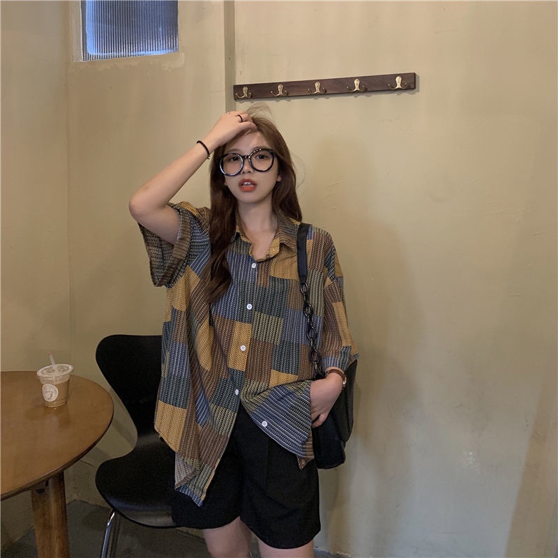 Áo Sơ Mi Ngắn Tay Dáng Rộng Họa Tiết Sọc Kẻ Ô Phong Cách Retro Hàn Quốc Dành Cho Nữ