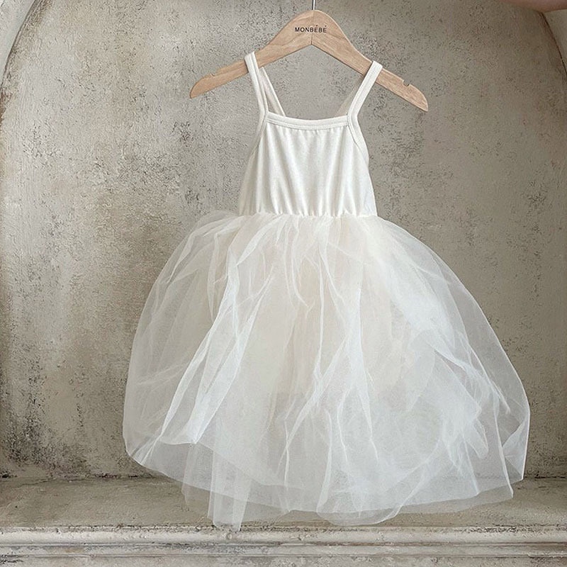 Đầm Công Chúa Một Mảnh Phối Lưới Một Mảnh Màu Trơn Phong Cách Hàn Quốc Thời Trang Mùa Hè Cho Bé Gái JGE2