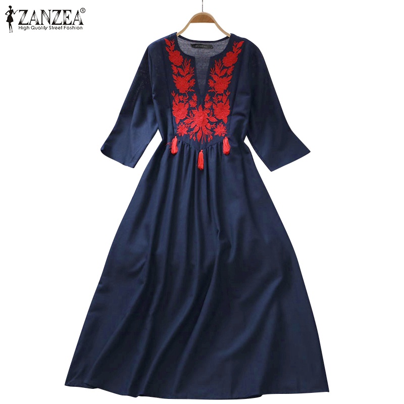 Đầm Zanzea dài tay 3/4 thêu họa tiết phong cách cổ điển dành cho nữ