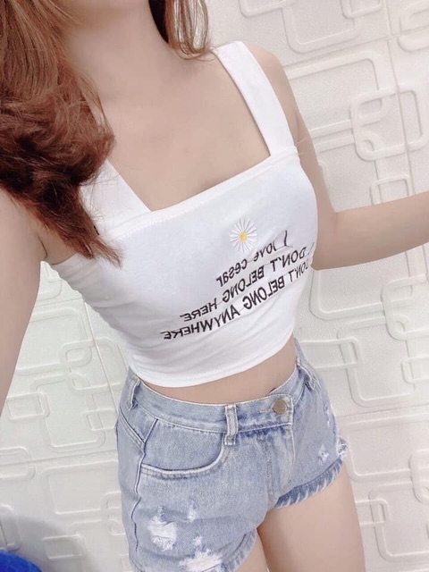 Áo croptop 2 dây bản to thêu Hoa Cúc