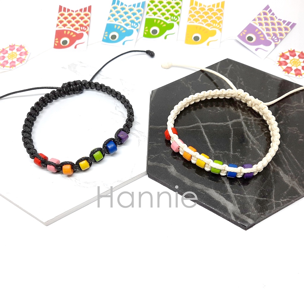 (Trắng/Đen) Vòng tay hạt gỗ cầu vồng rainbow - Dây đeo tay nam nữ đơn giản