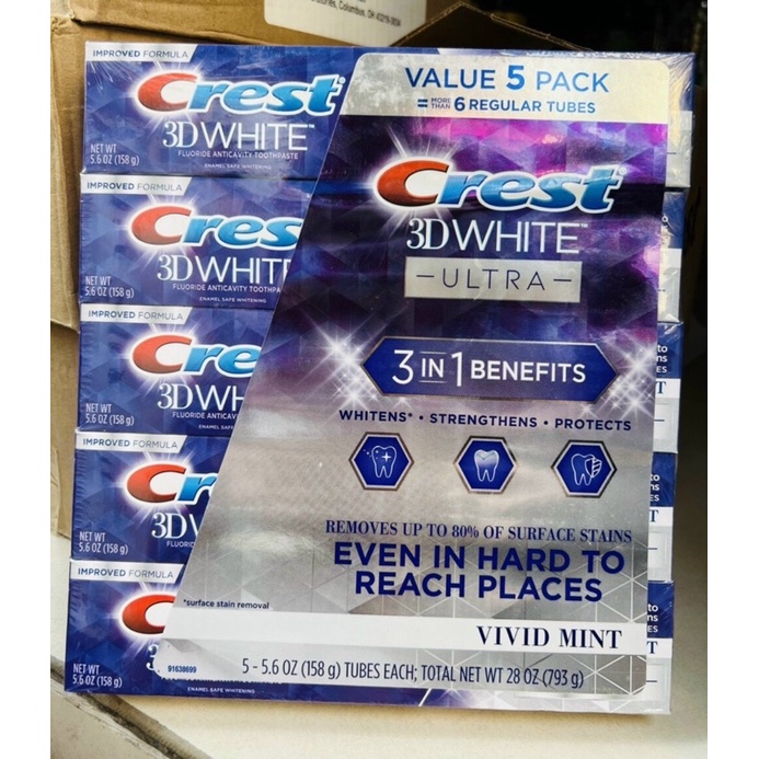 Date 2023]Lốc 5 tuýp kem đánh răng Crest 3d white advanced triple whitening 158g Mỹ,  Kem trắng răng