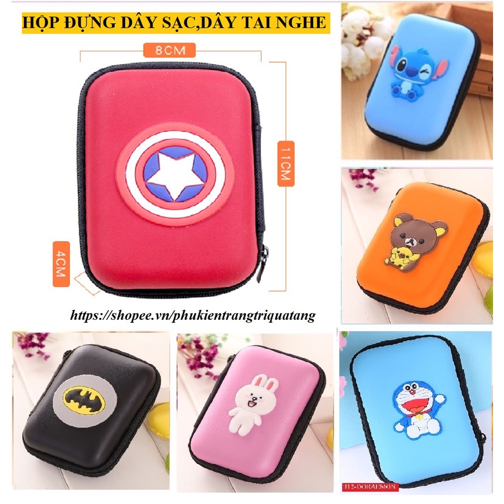 Hộp đựng dây sạc | Hộp đựng dây tai nghe khóa kéo hình chữ nhật to kích thước 11x8x4 nhiều hình dễ thương