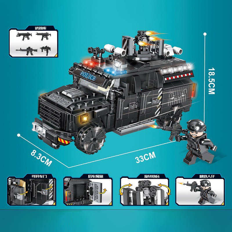 Đồ chơi Lắp Ráp Xe Tải Cảnh Sát Đặc Nhiệm, Mingdi K0190 Humvee Car Police S.W.A.T, Xếp hình thông minh
