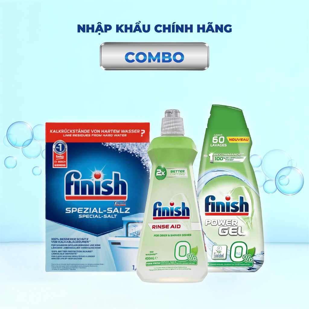 Combo Finish Eco : Gel rửa bát Eco 900ml + Bóng Eco 400ml + Muối 1,5kg