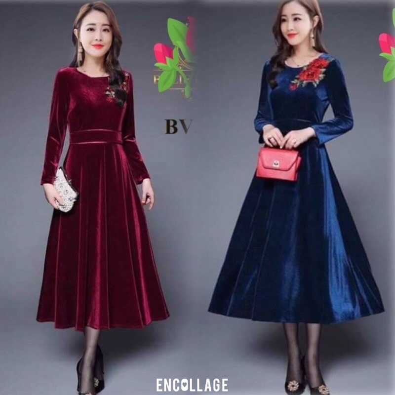 Đầm nhung dự tiệc đầm nhung trung niên đầm nhung phối hoa mã 106