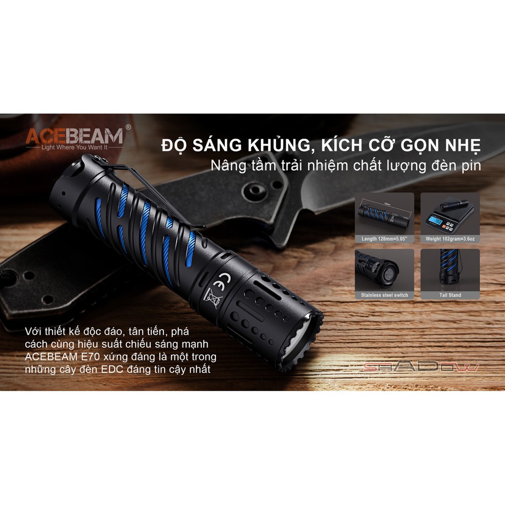 Đèn pin ACEBEAM E70 sáng 4600lm chiếu xa 240m LED XHP70.2 dùng pin 21700 cổng sạc Type-C