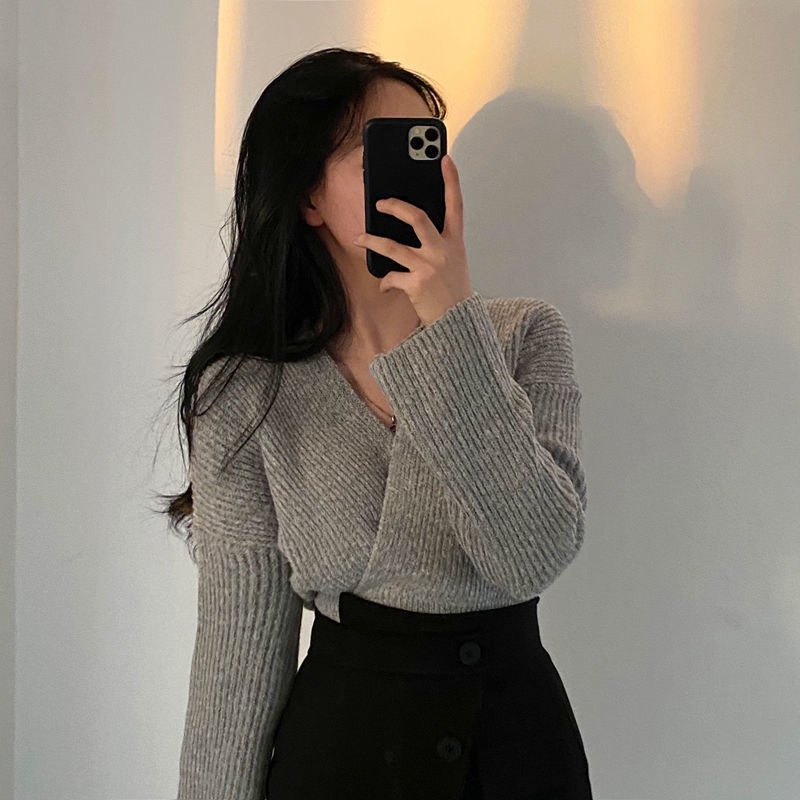 Set áo len dài tay + chân váy lưng cao thời trang nữ