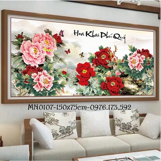 Tranh đính đá-Tranh thêu chữ thập Hoa Khai Phú Qúy (MN0107,lv3401,lv541)