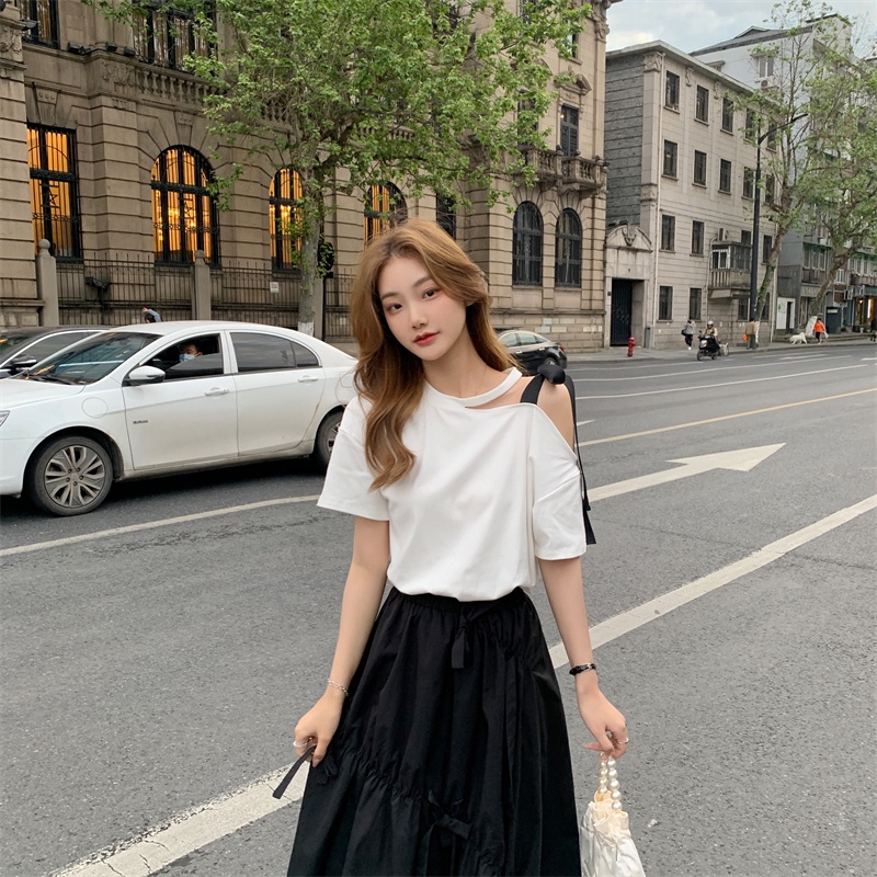 Áo Thun Tay Ngắn Hở Vai Thắt Nơ Phong Cách Hàn Quốc Dành Cho Nữ