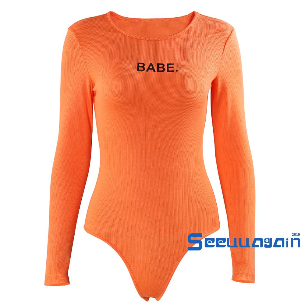 Bodysuit Họa Tiết In Chữ Dài Tay Cổ Tròn Màu Trơn Ôm Dáng Hợp Thời Trang Cho Nữ | BigBuy360 - bigbuy360.vn