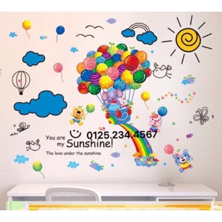 Decal dán tường Combo 2 tranh chùm bóng + mặt trời , mây
