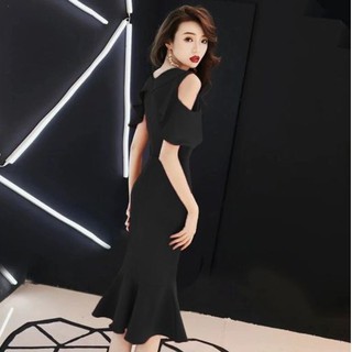 Đầm dự tiệc đuôi cá trễ vai màu trơn