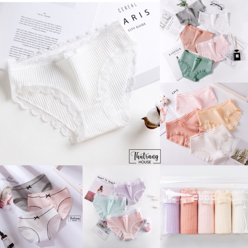 Set 5 quần lót nữ cotton tăm chip viền ren kháng khuẩn sexy đẹp cao cấp dễ thương