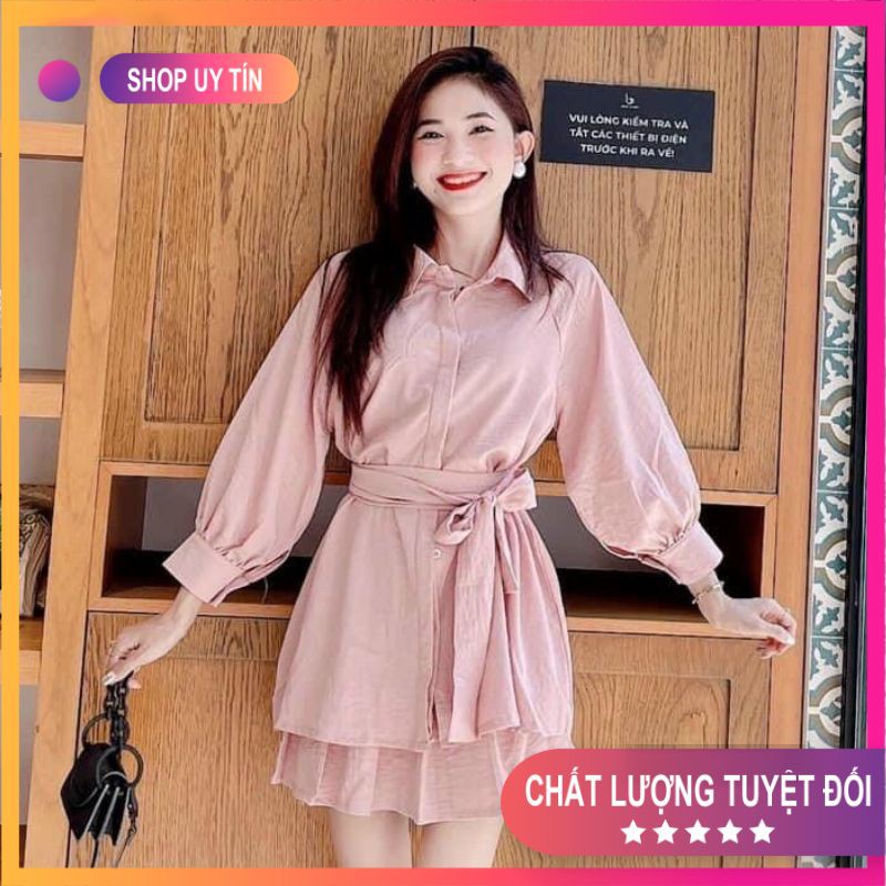 [Mã FADI5K245 giảm 5K đơn 0đ] Combo Váy Áo 💦 set sơ mi thắt nơ chân váy xoè Mã SET06