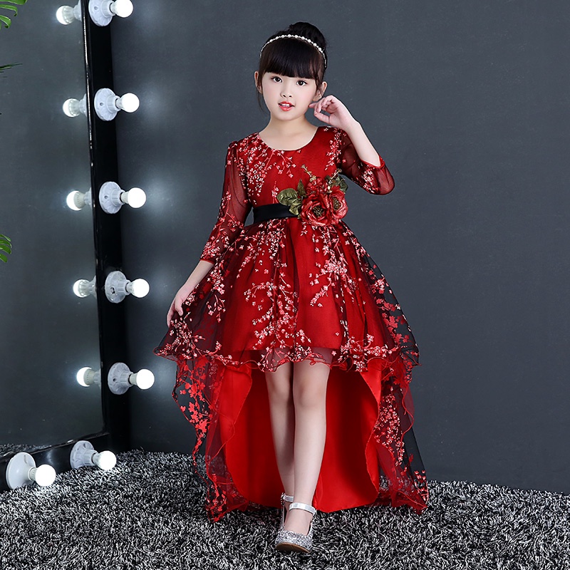 Đầm bé gái mẫu đỏ đào công chúa có tay lửng phối hoa in cao cấp