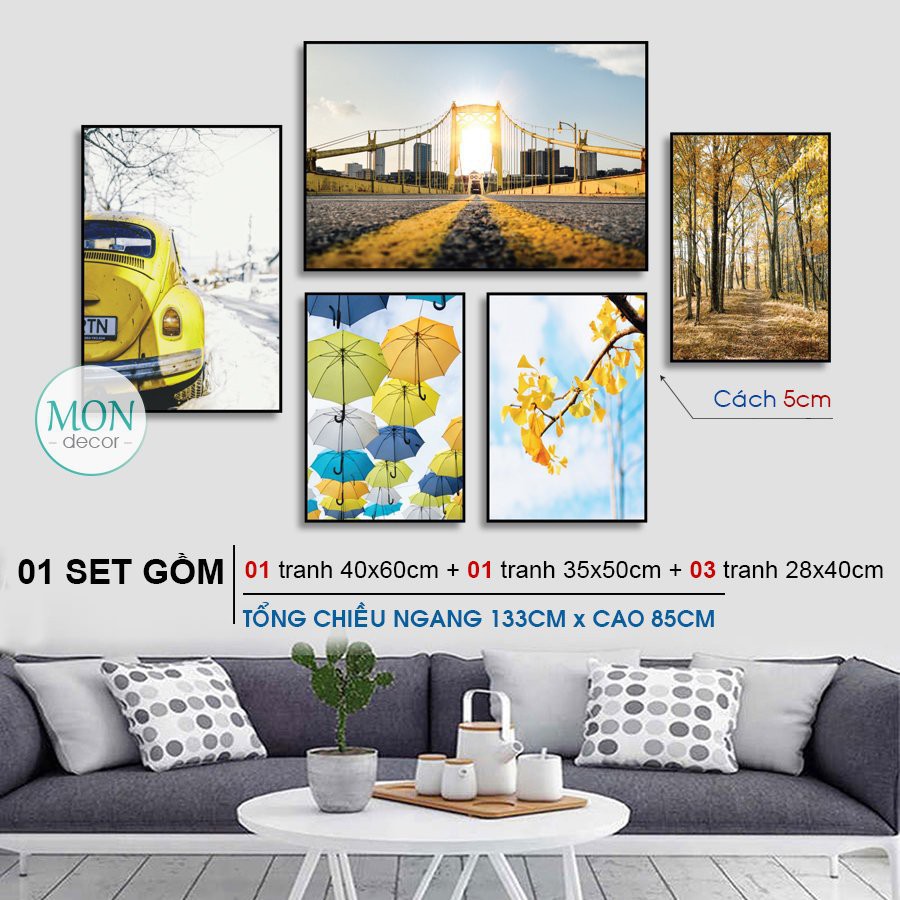 Tranh treo tường, tranh treo phòng khách Mon'decor 5 bức phong cách hiện đại vải canvas loại 1 khung đẹp