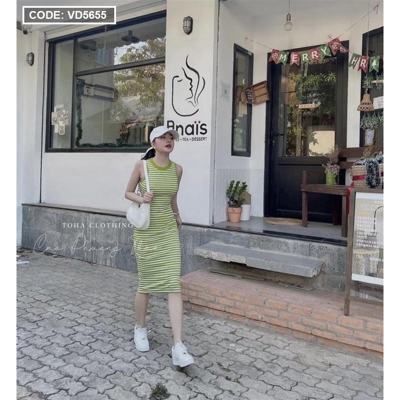 Đầm thun body kẻ sọc màu xanh maxi - A120