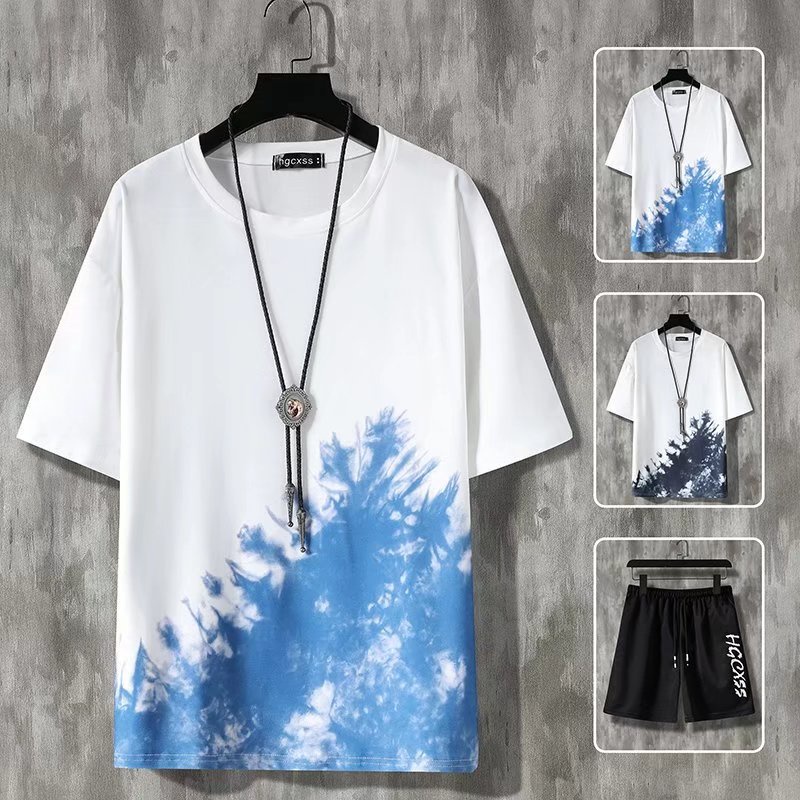 Set áo thun cổ tròn tay ngắn màu nhuộm + quần short phong cách mùa hè năng động kiểu Hàn Quốc mới cho nam